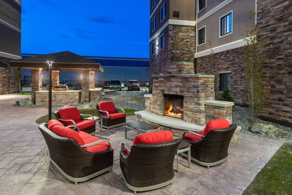 Outdoor fireplace on the patio.