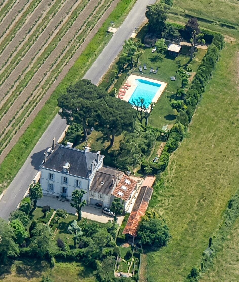 Aerial view of the Logis and garden.