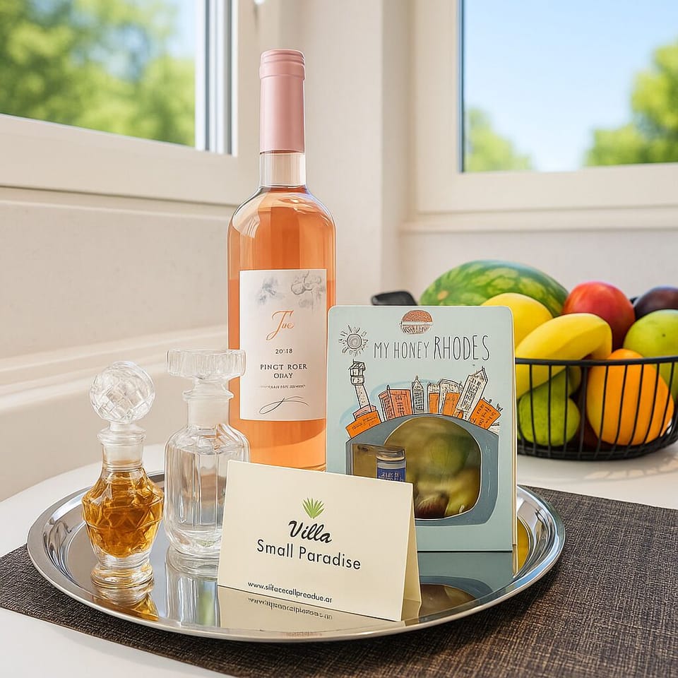 Welcome basket with wine fruits and Greek products