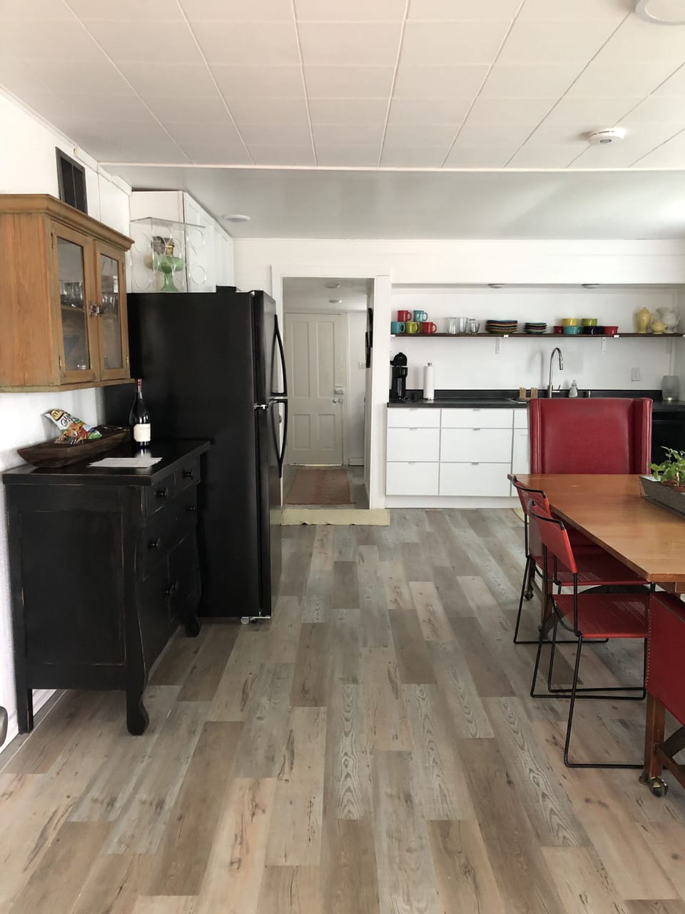 Looking into the dining/kitchen from the French doors.