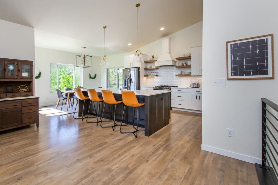 View of the large kitchen from the front door
