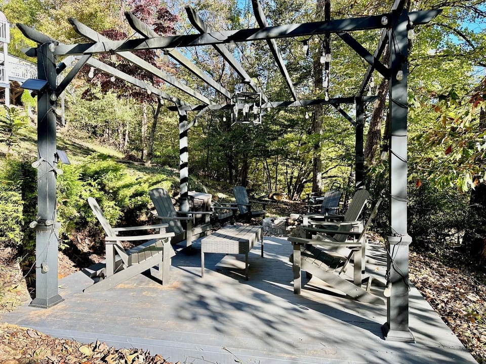 Pergola w/ Solar Lights and Adirondack Chairs. New Overhead Solar Light.