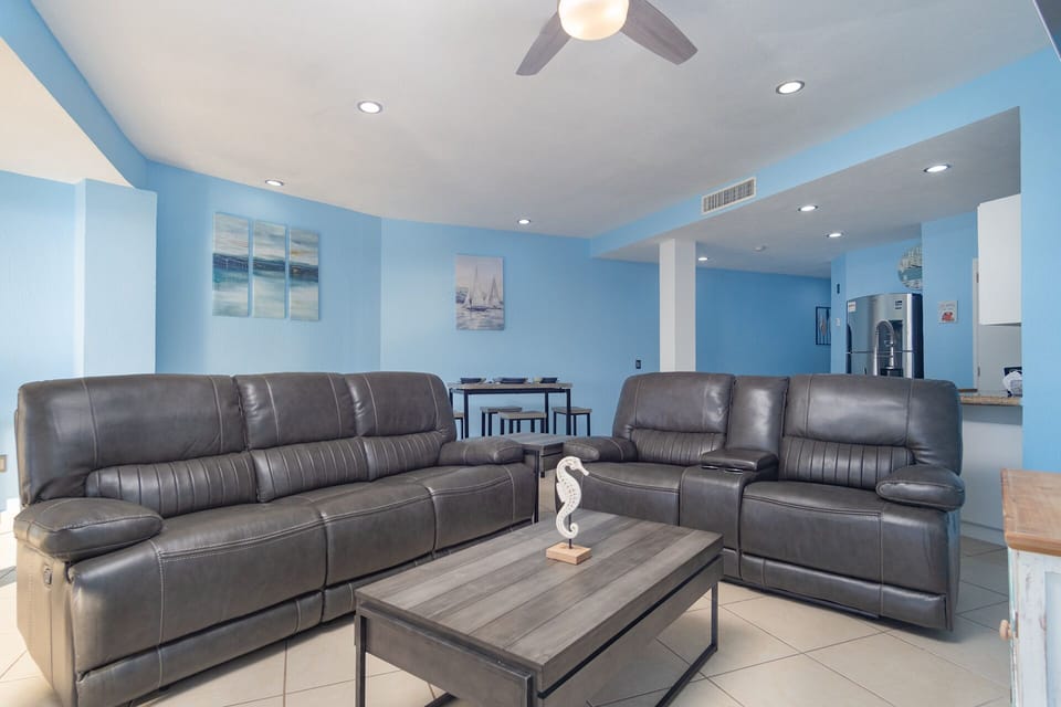 leather sofa and recliner in the living room