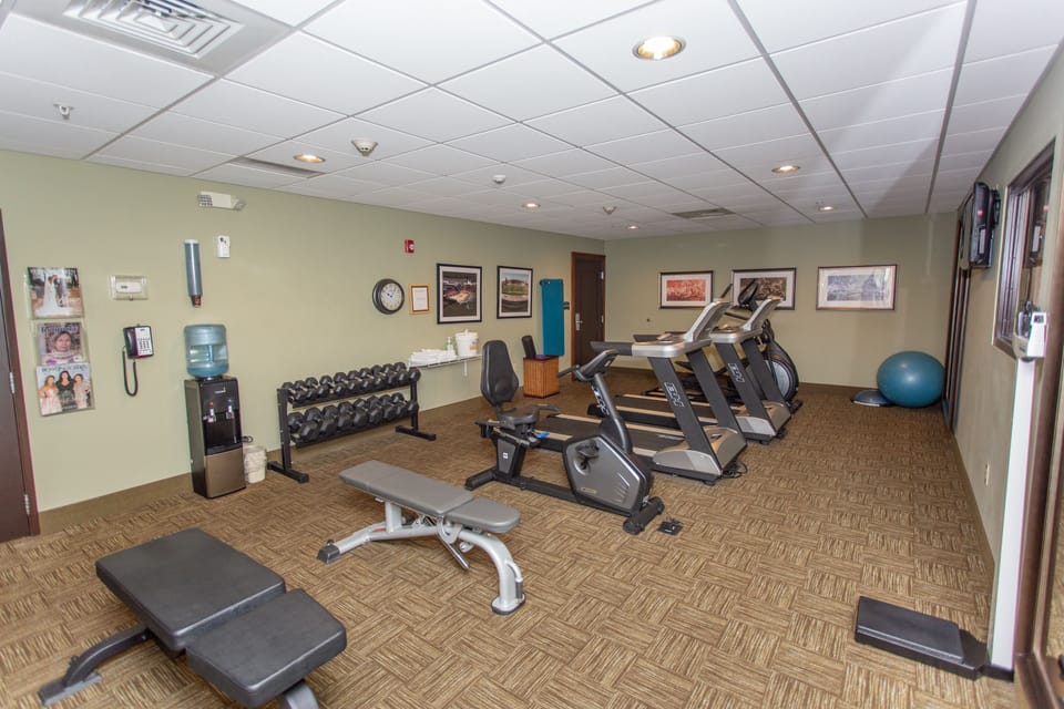 Modern fitness room equipped with various cardio and strength machines.