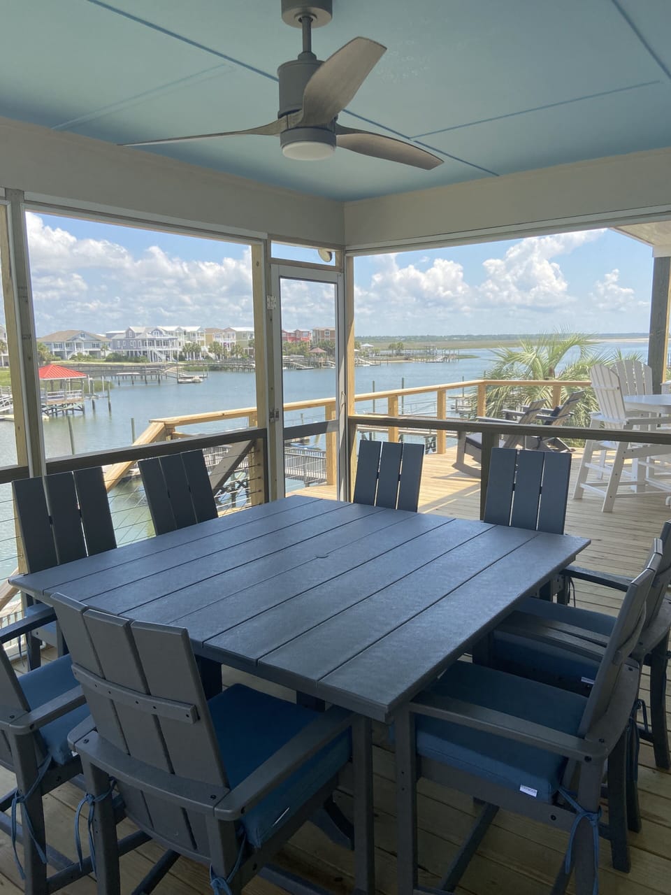 Screened porch with ceiling fan.  Perfect for large family dinners and games
