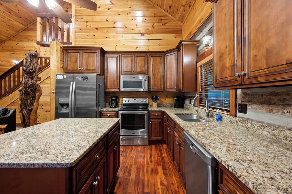Spacious, fully stocked kitchen.