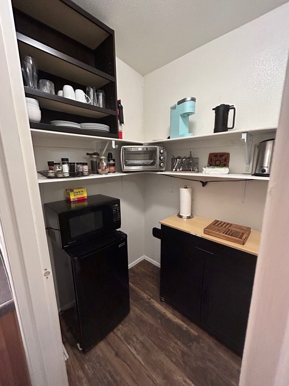 Kitchenette ~ single elec burner, microwave, toaster/oven, coffee maker, fridge