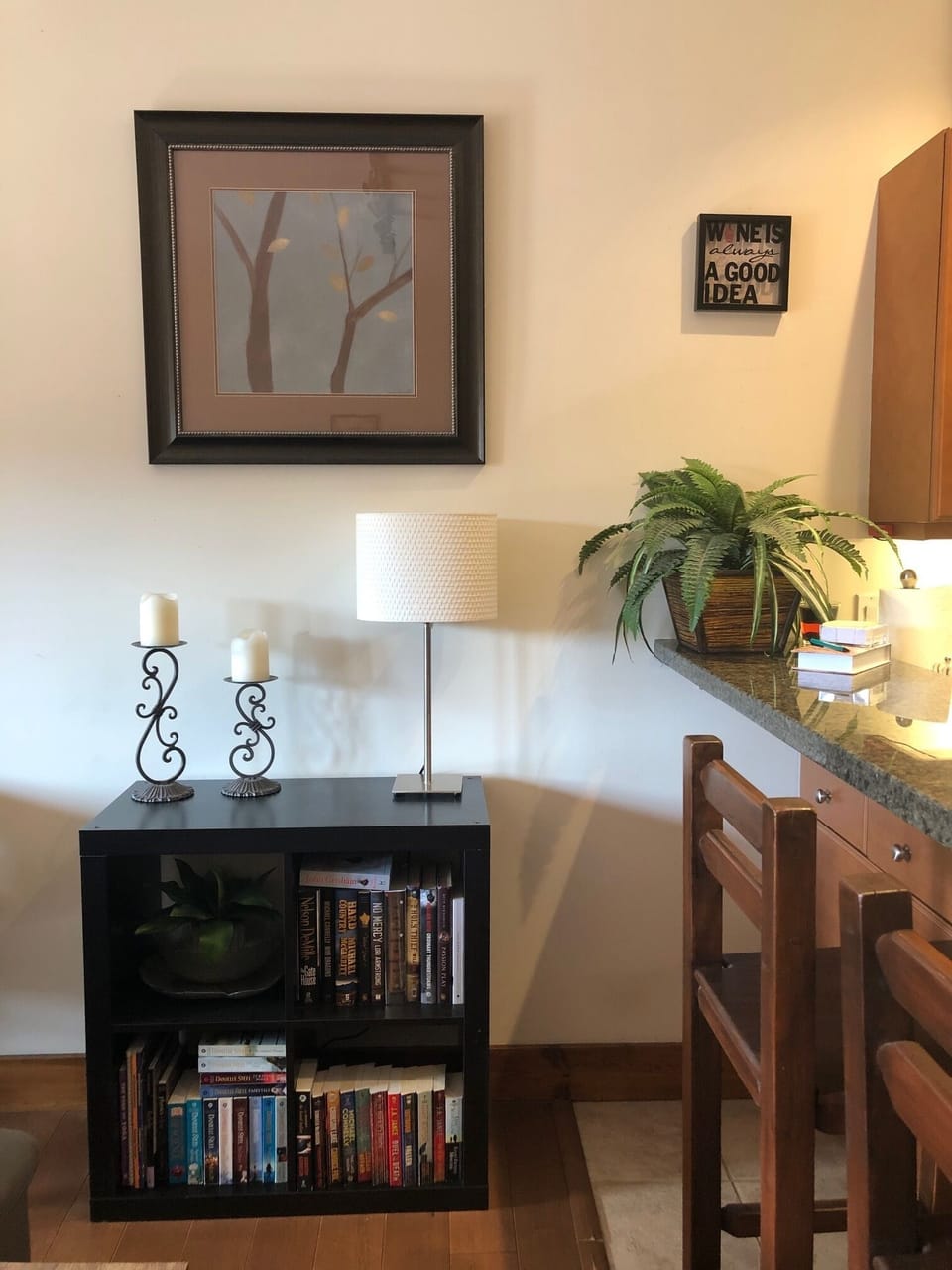 Behind the couch: Help yourself to some reading material for your stay.