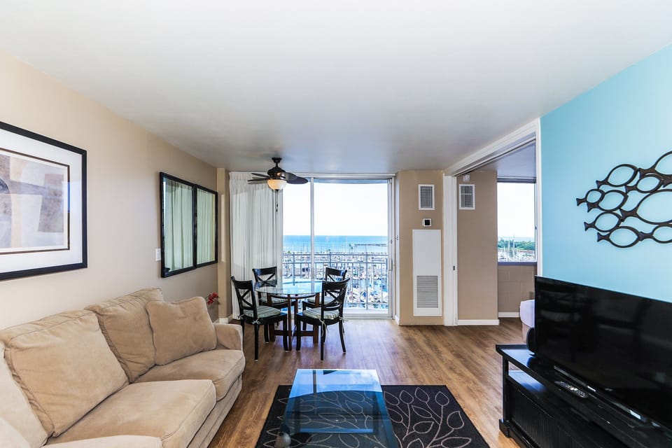 Take in views of the marina from the cozy living space