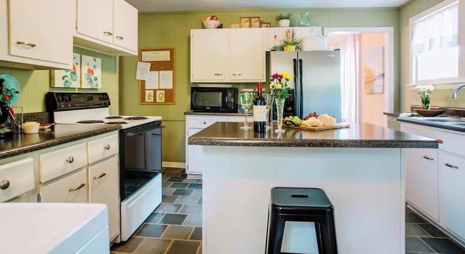 All basic cookware and utensils are provided. Plus, a drip coffee maker with filters, condiments and coffee.