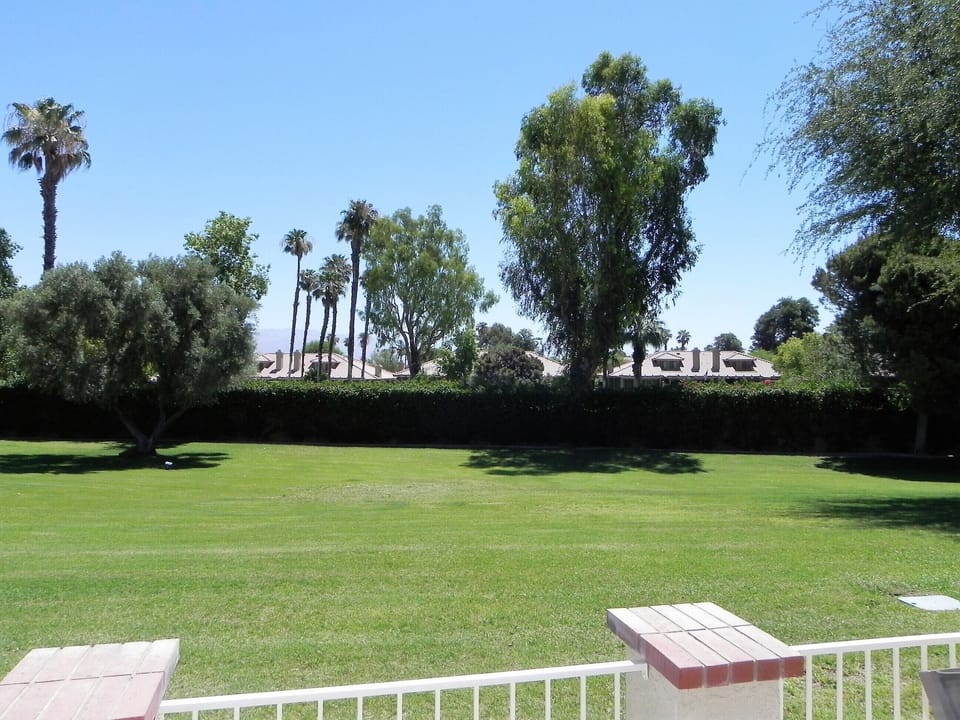 Patio view looking east at the private greenbelt and Chocolate Mountains