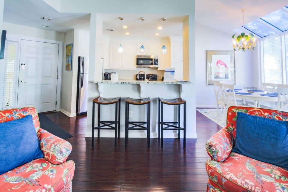 When you enter the villa, you will find the kitchen, dining area and living room.