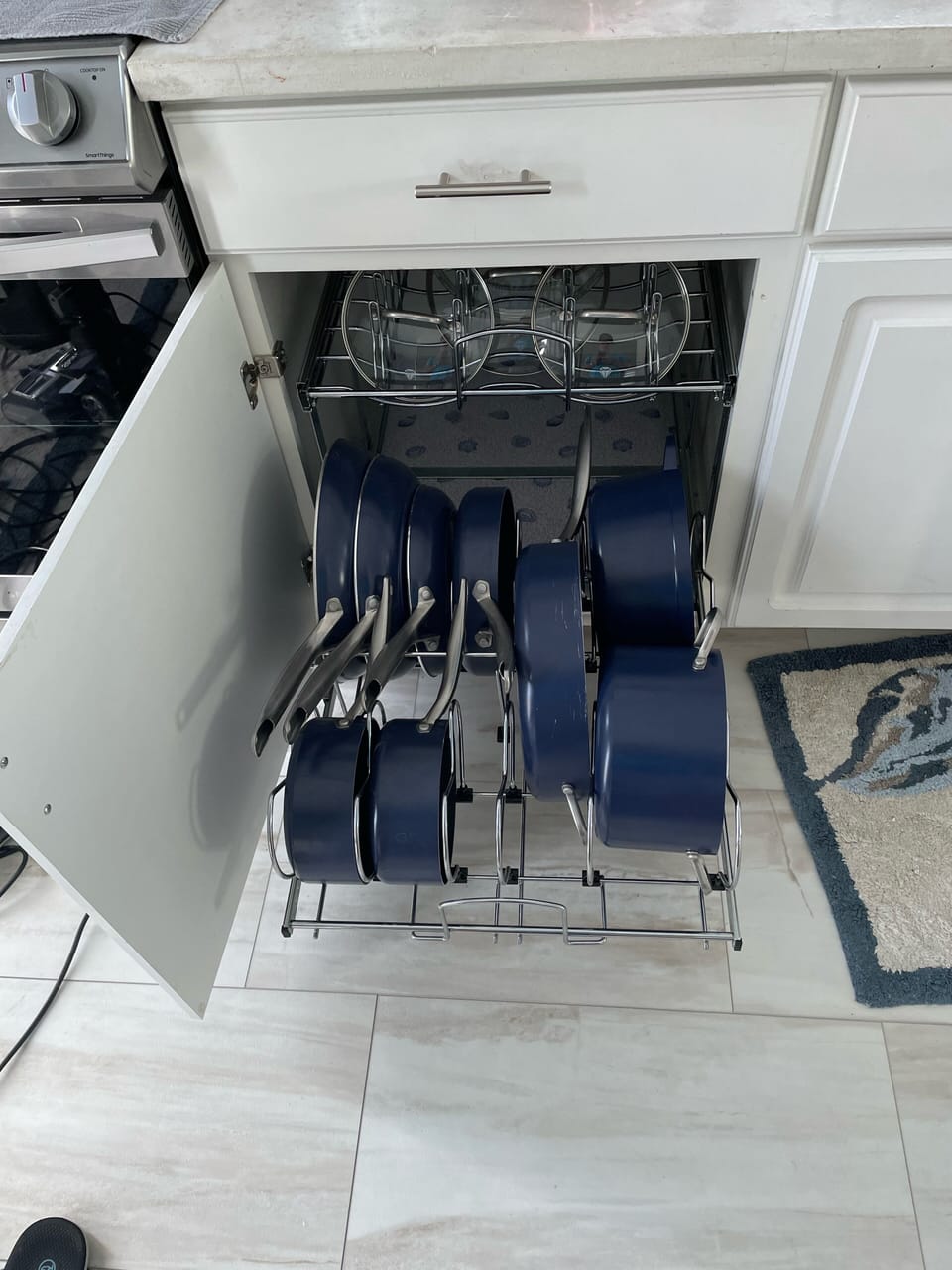 Blue Diamond cookware with pull out pot and pan racks