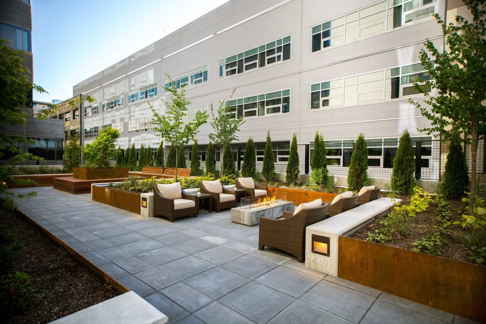 Enjoy the shared outside terrace to meet new and old friends.