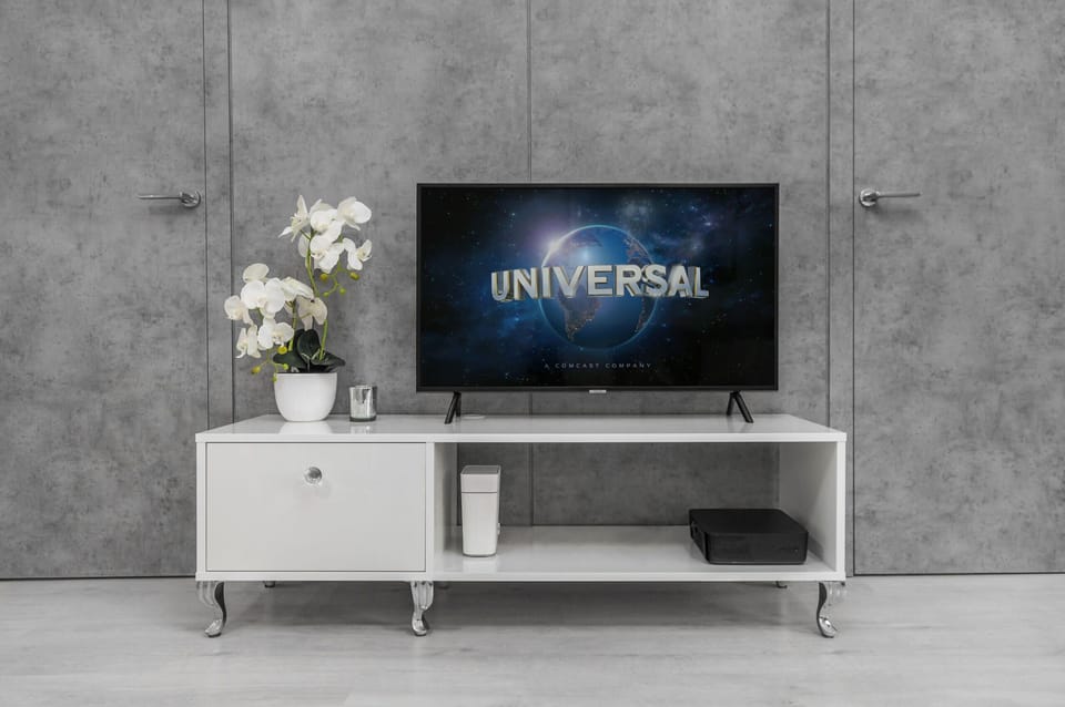 A stylish TV unit in the living room with a mounted flat-screen television, surrounded by white furniture and decorative plants, offering a relaxing entertainment space.