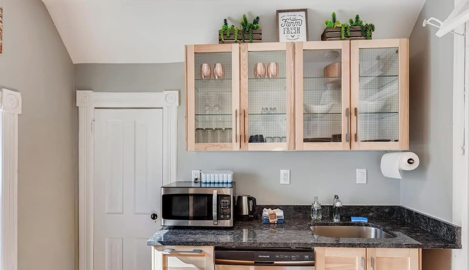 - Mini kitchen setup with a microwave, coffee station, sink, and under counter dishwasher
- Glass front cabinets hold essentials and add visual openness above black granite
- Decorative greenery and clean design elevate this compact kitchen zone