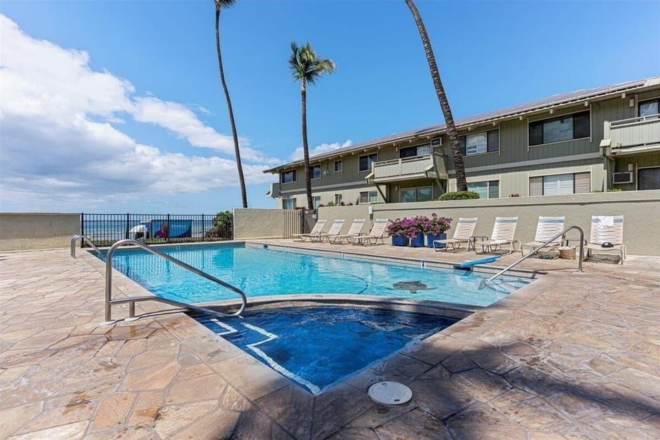 Private pool and hot tub for guests. This area has video surveillance cameras.