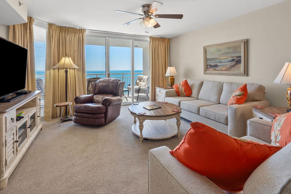 Sectional and recliner facing the ocean at South Shore Villas Penthouse 2, a 3-bedroom Crescent Beach condo
