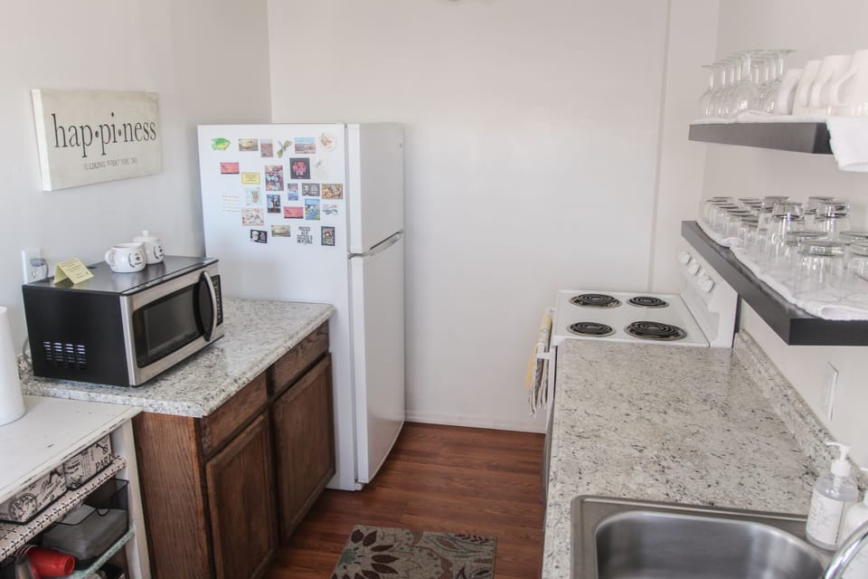 Kitchen fridge, microwave, dishwasher, oven and stove