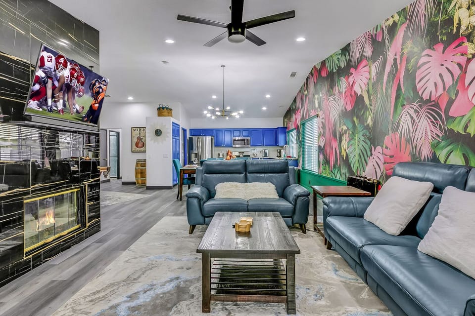 Enjoy the roaring fireplace in comfort.