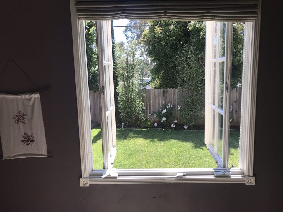 Looking out of master bedroom to back garden