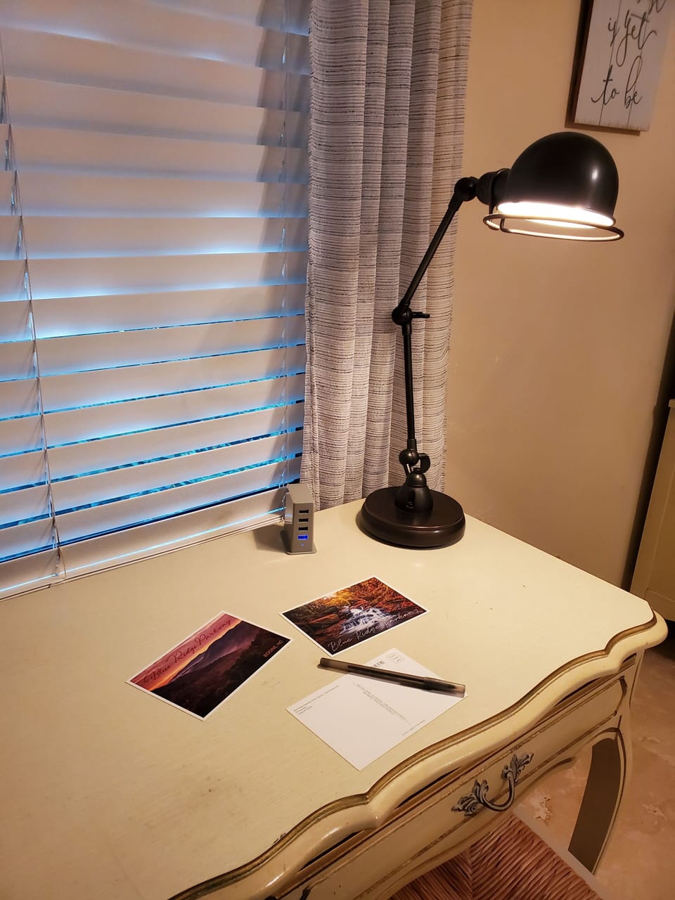 Desk for writing a postcard or working remotely.