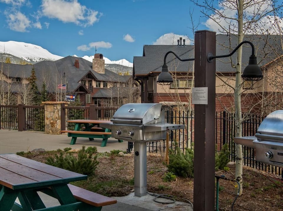 Outdoor picnic area with gas grills