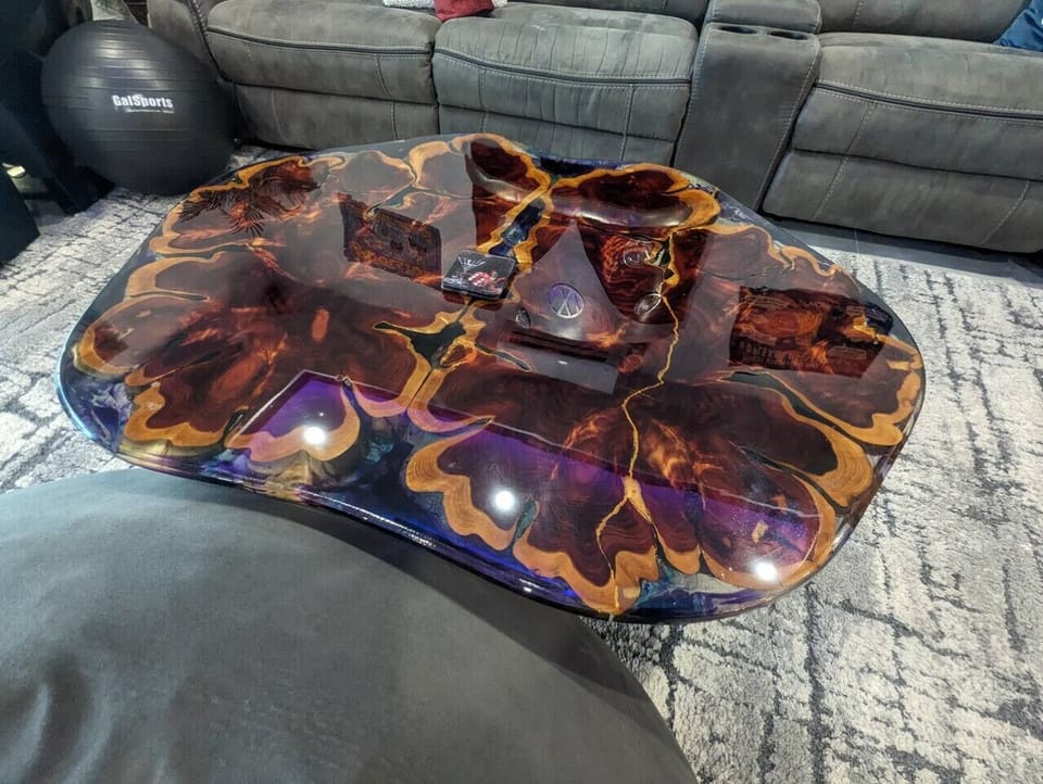 One-of-a-kind custom epoxy river coffee table, unique luxury vacation rental Orlando