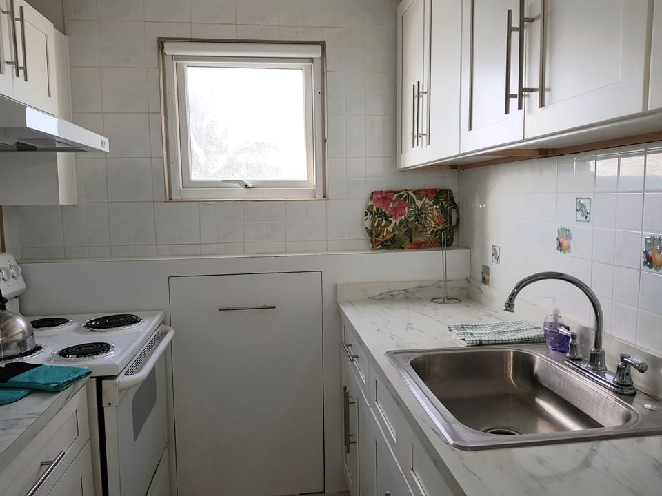 Equipped compact kitchen with new cupboards. 
