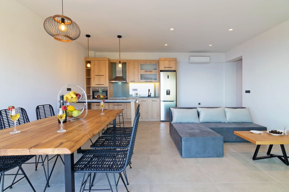 Modern fully equipped kitchen and living area of Spectacular Sea View Villa,Near Taverns & Sandy Beaches