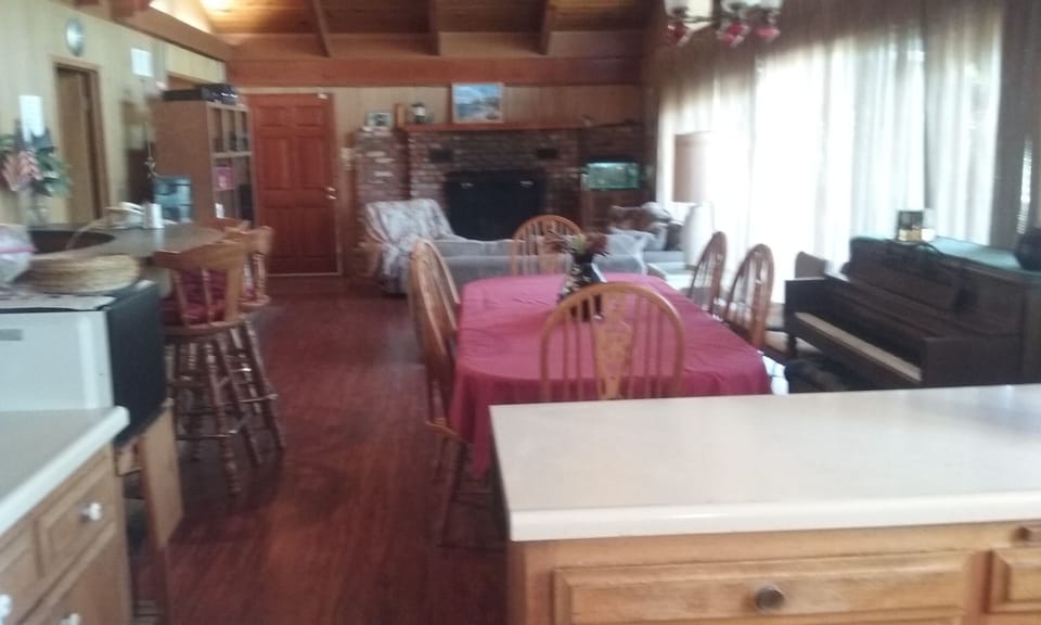 Living area from kitchen to fireplace, bar on left, dining area, piano on right
