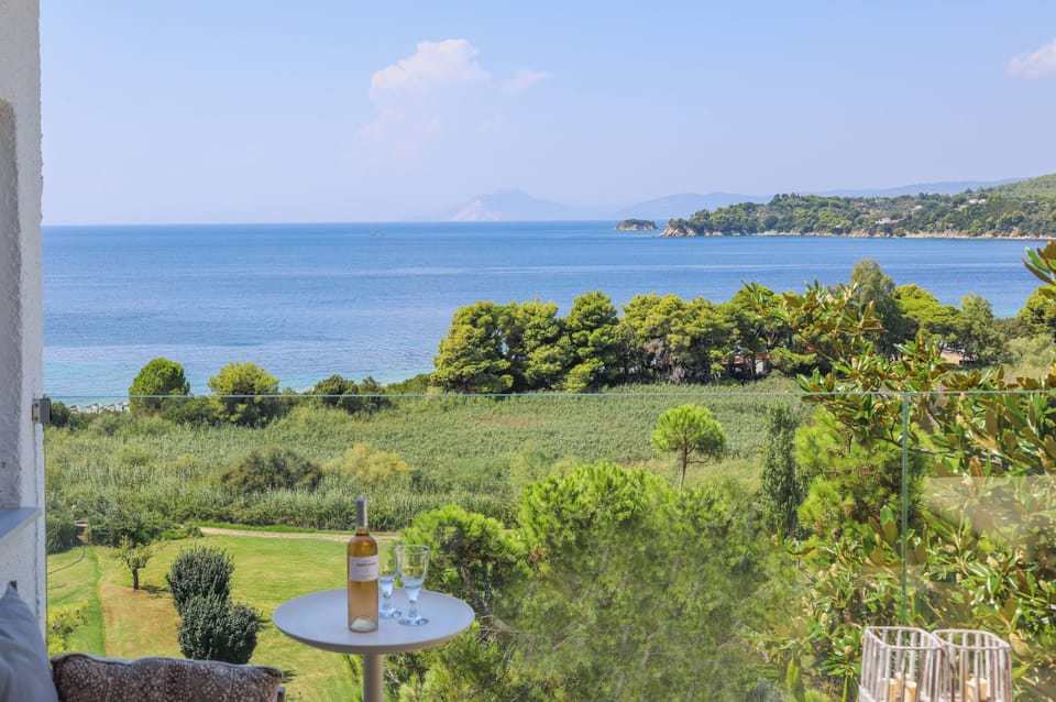 Terrace view to Vromolimnos beach located below the villa 