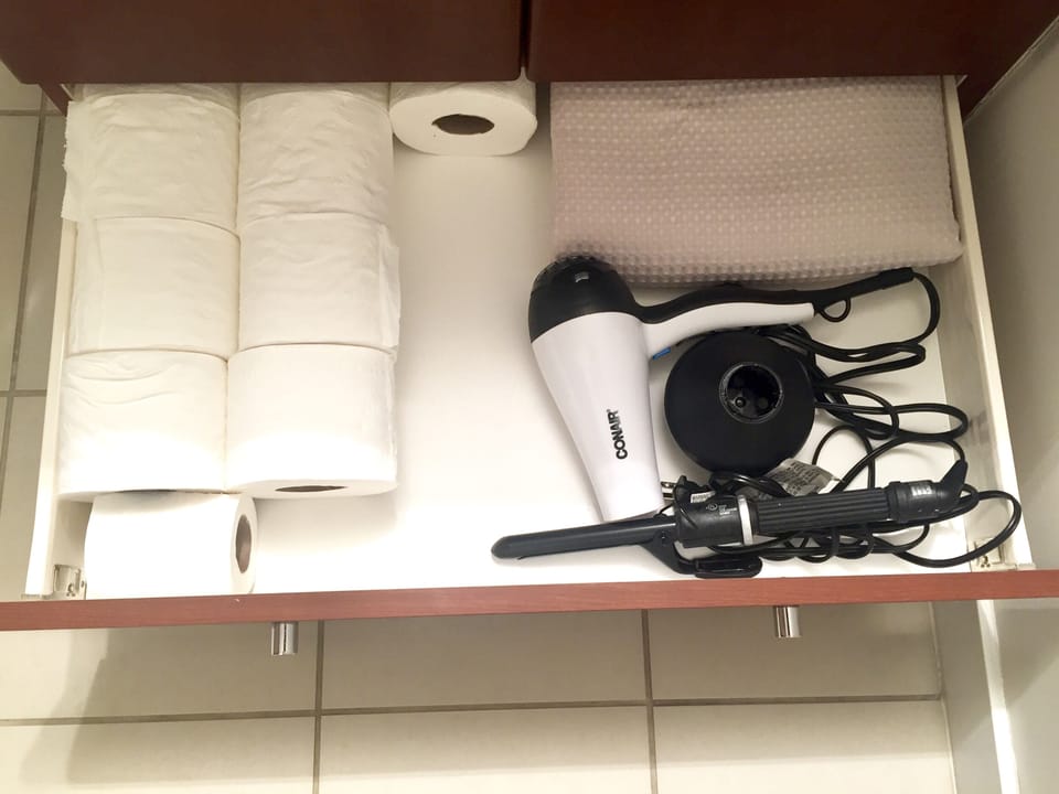 Hair dryer with diffuser and curling iron; of course we supply the toilet paper