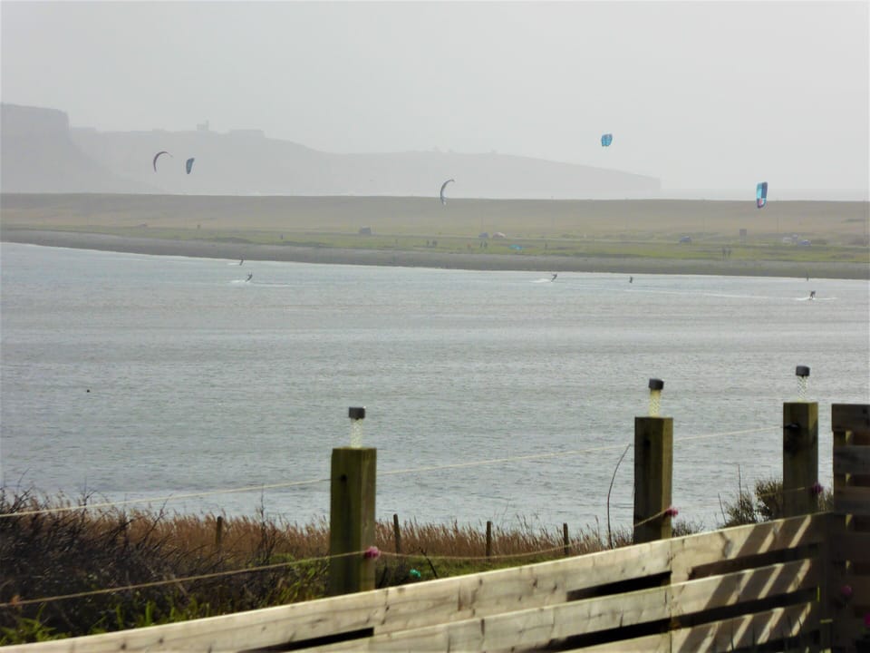 watching the kitesurfers from the garden on a cold, overcast day.