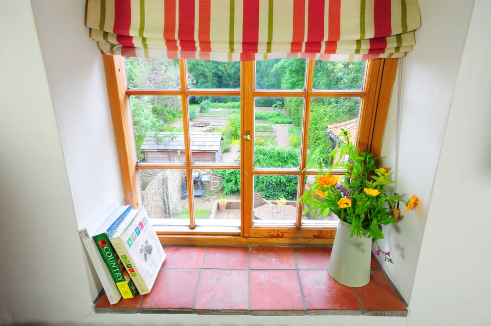 Looking out over the raised garden beds from the Hayloft