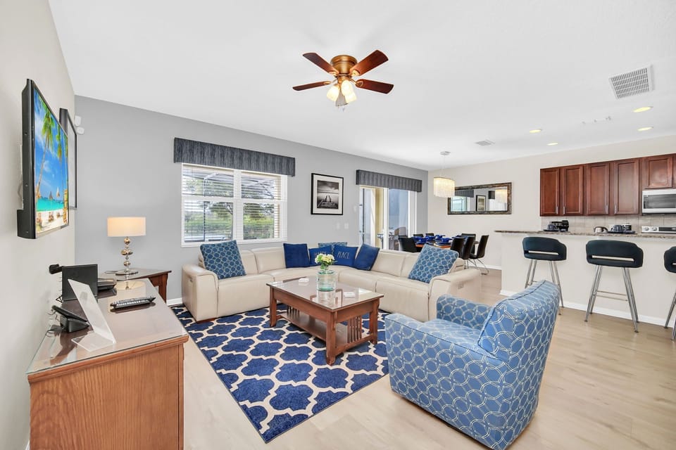 open kitchen, living and dining room