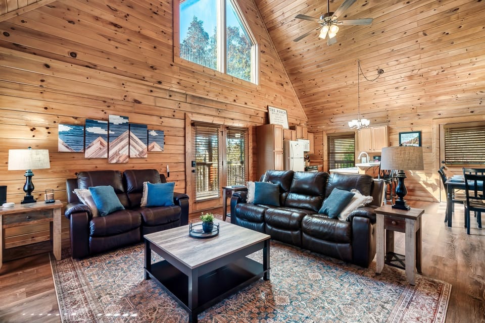 Open living and kitchen area.  Enjoy the 20' vaulted ceilings.