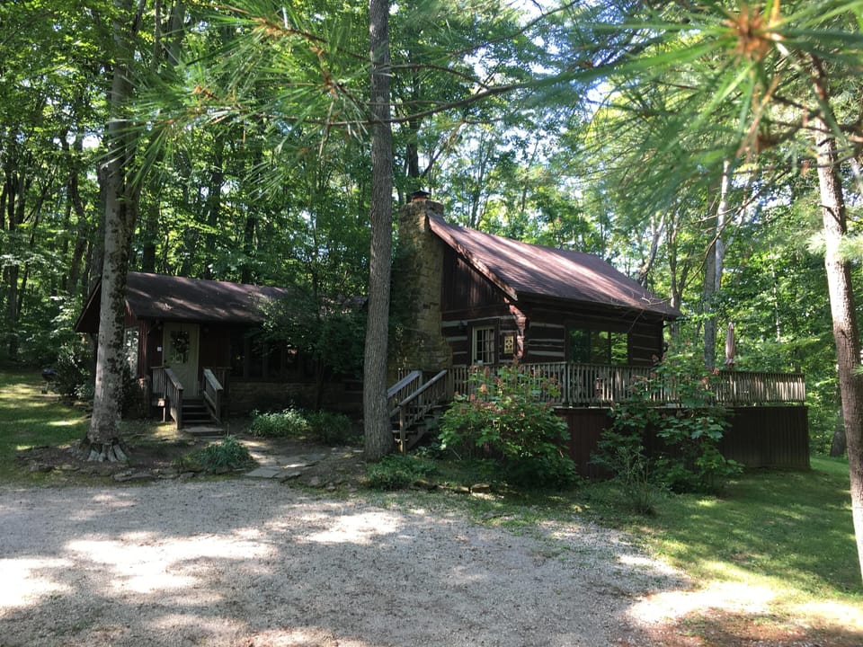Log cabin exterior shaded by tall trees with stone chimney and wraparound wooden deck.