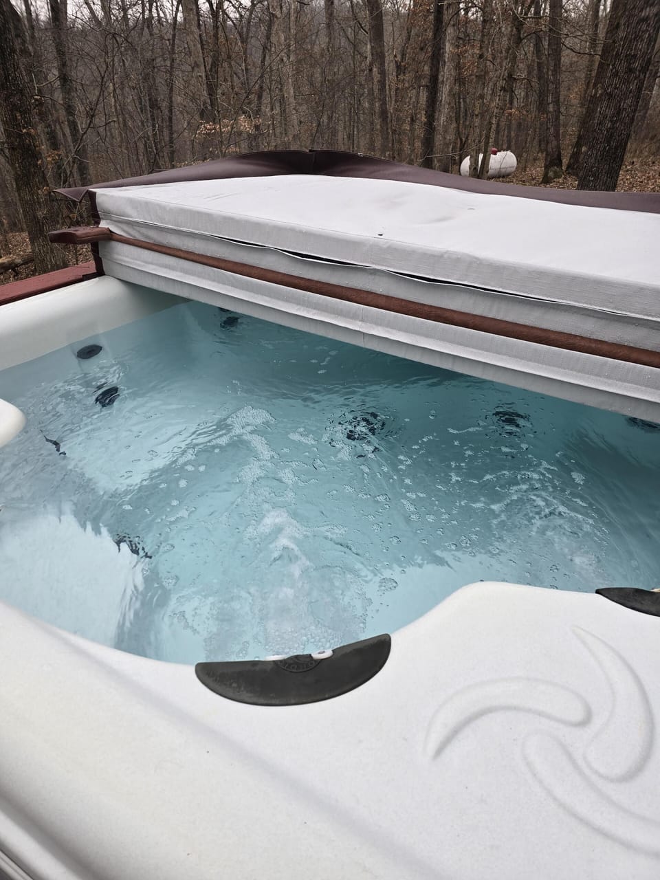 Outdoor hot tub with bubbling water, surrounded by leafless trees and a partially opened cover.
