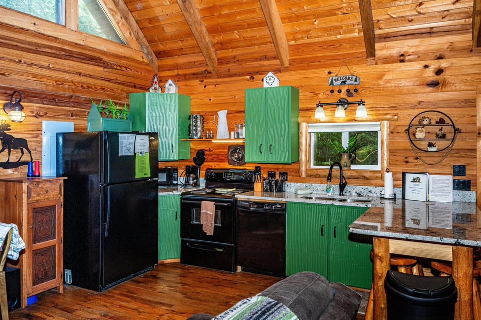 Black appliances contrast with textured green cabinets and granite countertops in the pine-paneled kitchen.