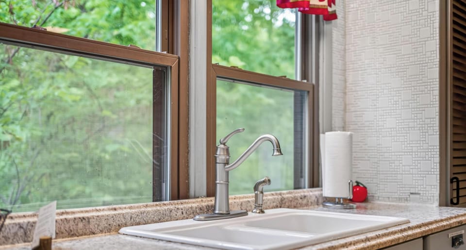 Granite countertops frame a white double basin sink beneath large windows overlooking green foliage.