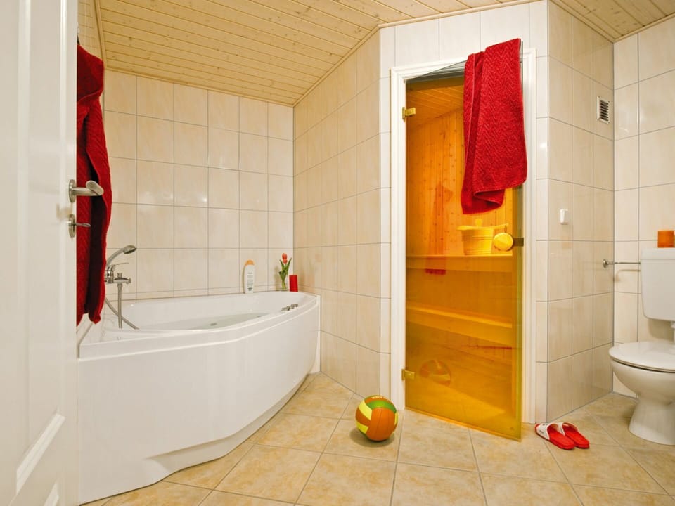 Bathroom, Room, Tile, Property, Red, Floor, Yellow, Interior Design, Wall, Orange