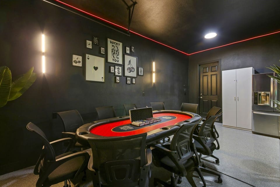 Challenge your friends to a round of poker on the brand new regulation size poker table with high end comfy chairs.
