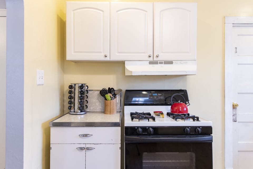 Fully stocked kitchen.