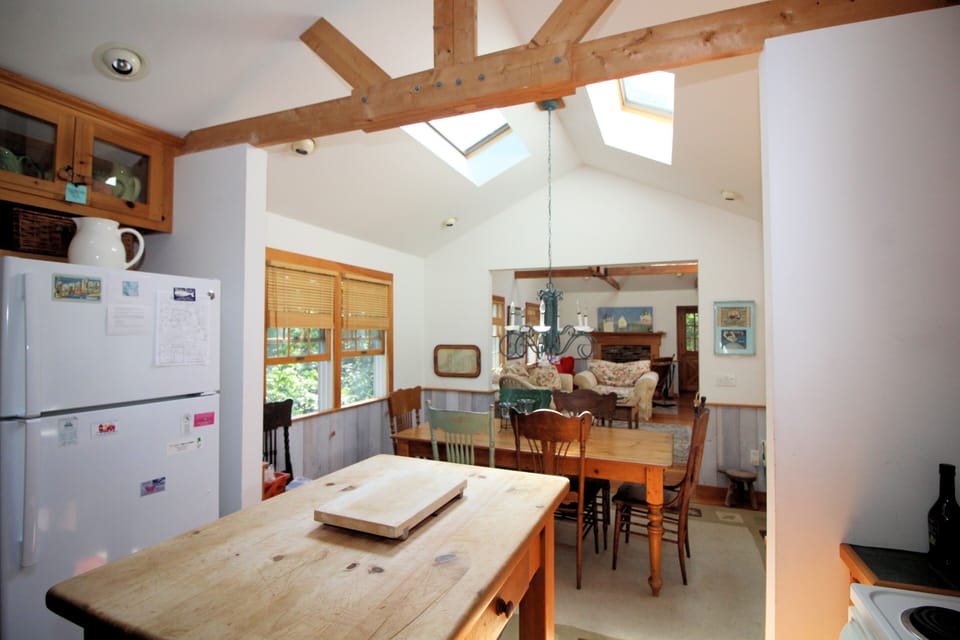 Skylights and vaulted ceilings create bright spaces