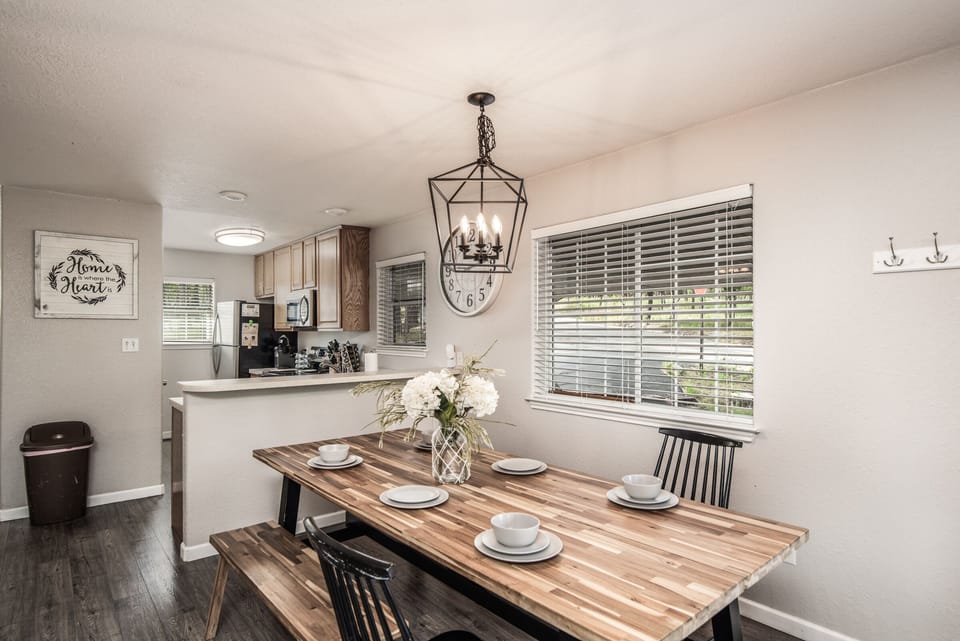 Large table for dining, seating for 6 or more. A high-chair is available for the littlest ones.