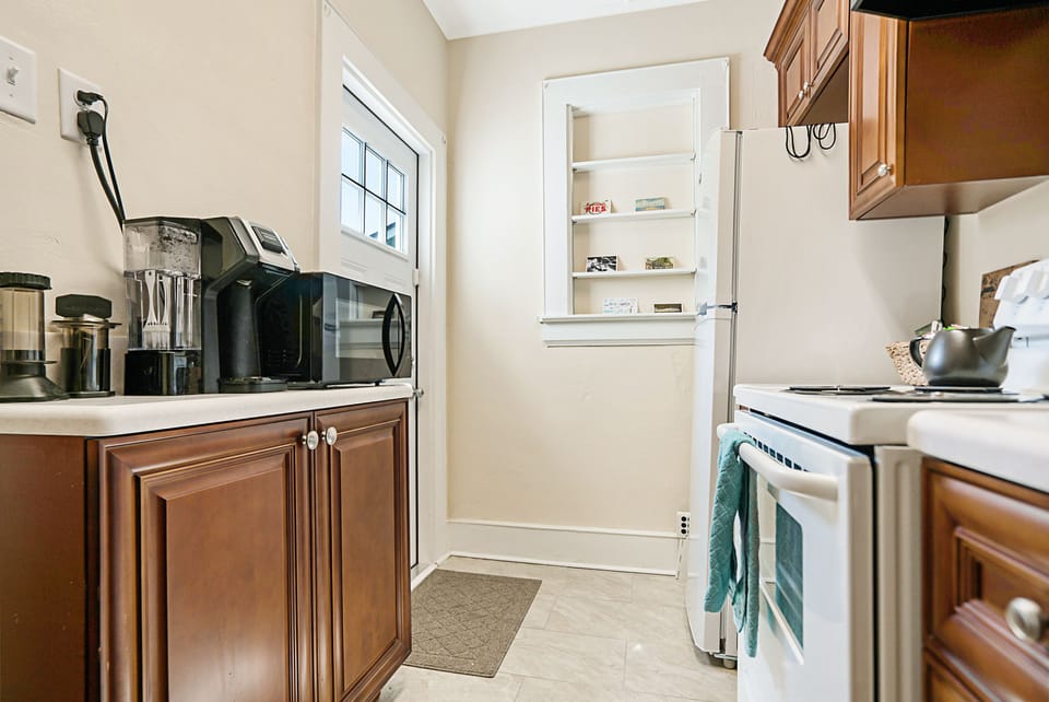 We provide a coffeemaker, electric tea kettle, and both k-cups and ground coffee