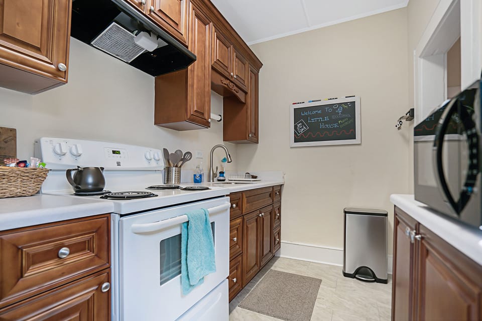 New counters, new appliances, a coffee maker, a microwave, & even a chalkboard.