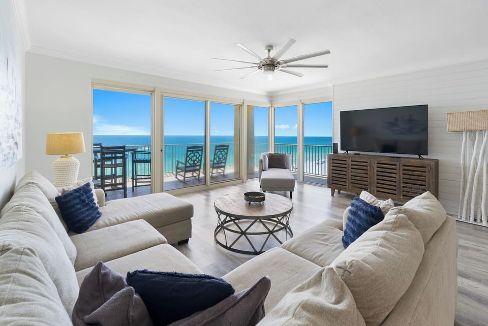 Sink into plush seating while endless ocean views fill your panoramic windows, creating the perfect backdrop for relaxation.