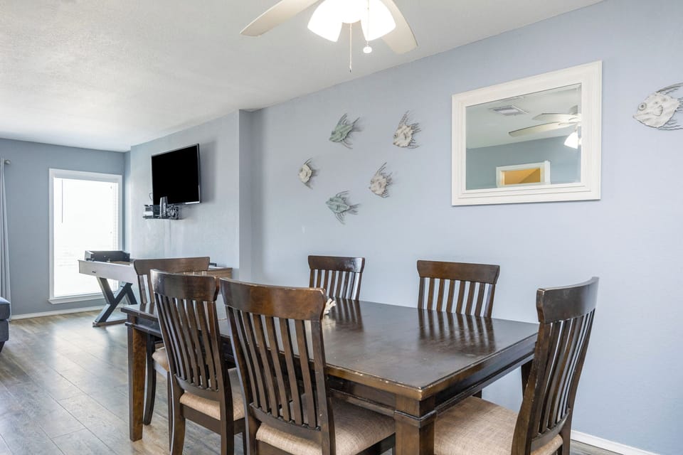 Bright dining area with a beachfront vibe
